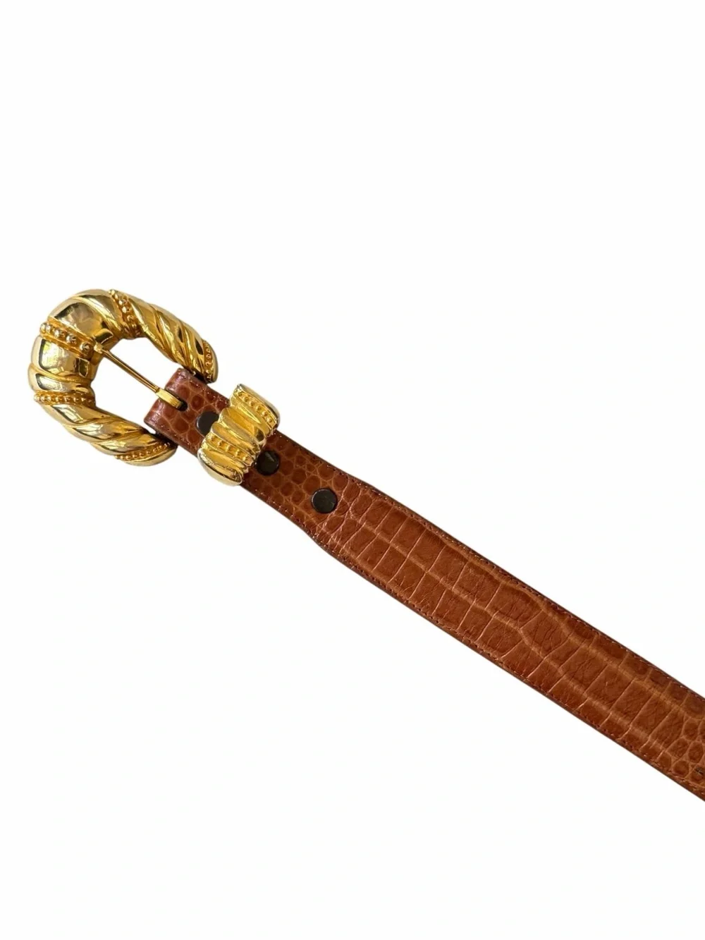 Steve Blinn Brown Alligator Grain Cashmere Cowhide Belt with Ornate Gold Buckle
